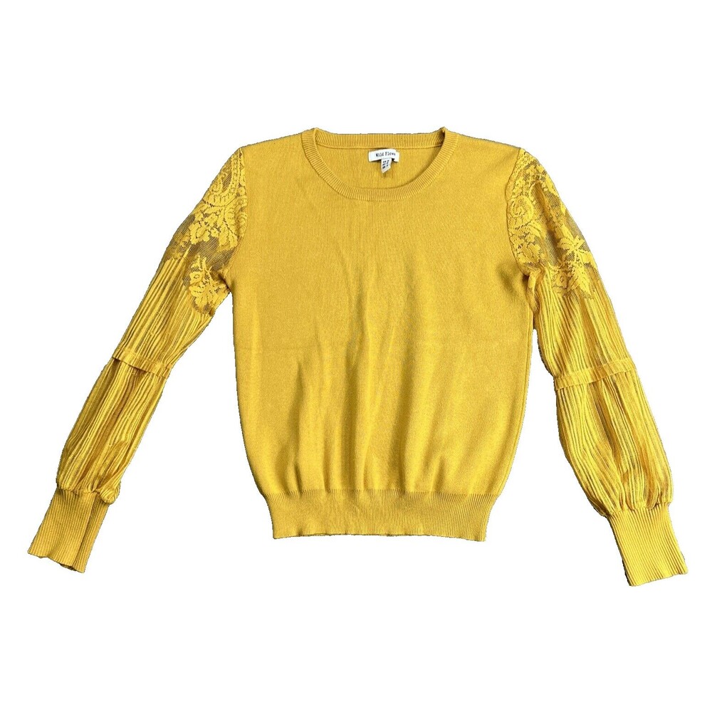 Wild Flower Embroidered Statement Sleeve Sweater Size Small Yellow